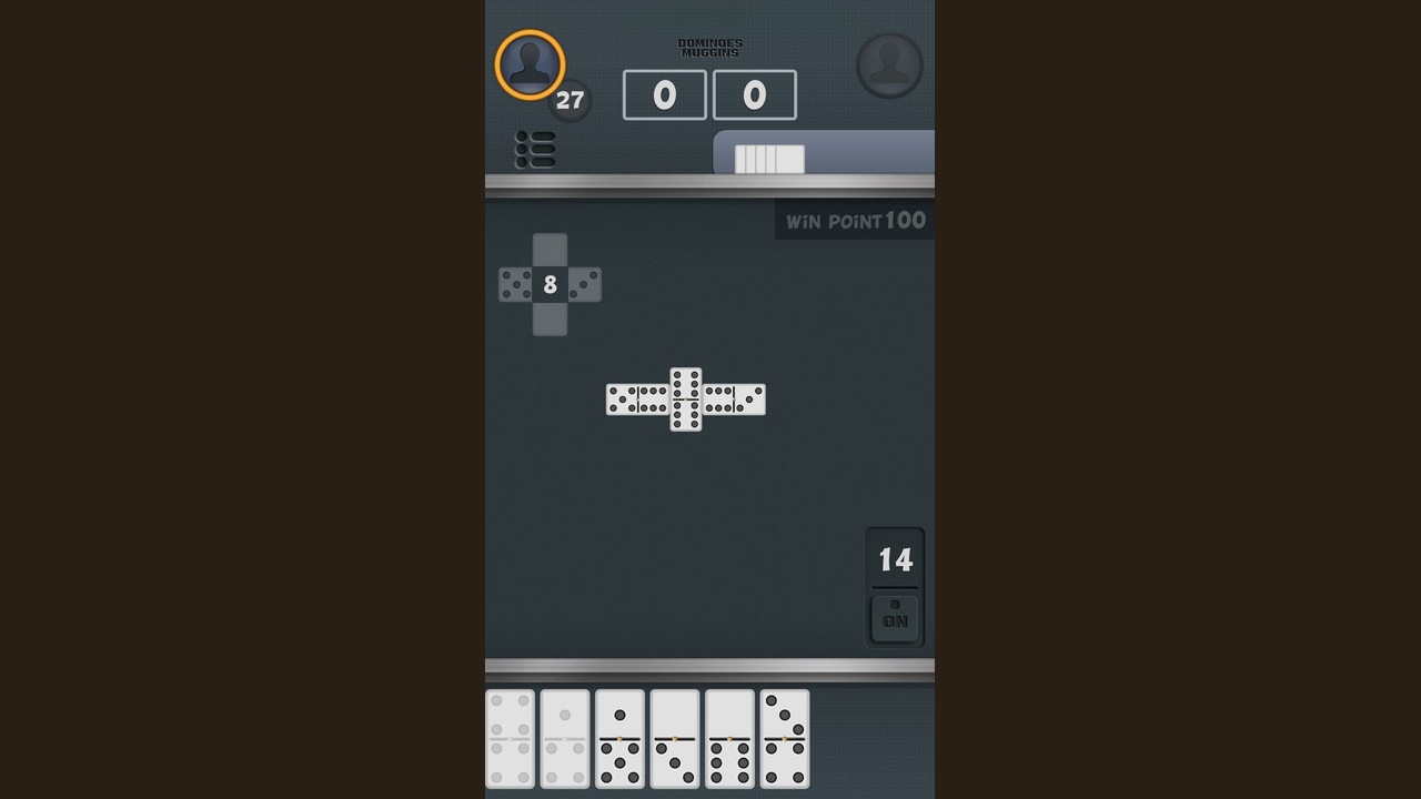 DR Dominoes match screen with double-six tiles, open ends, and player scores