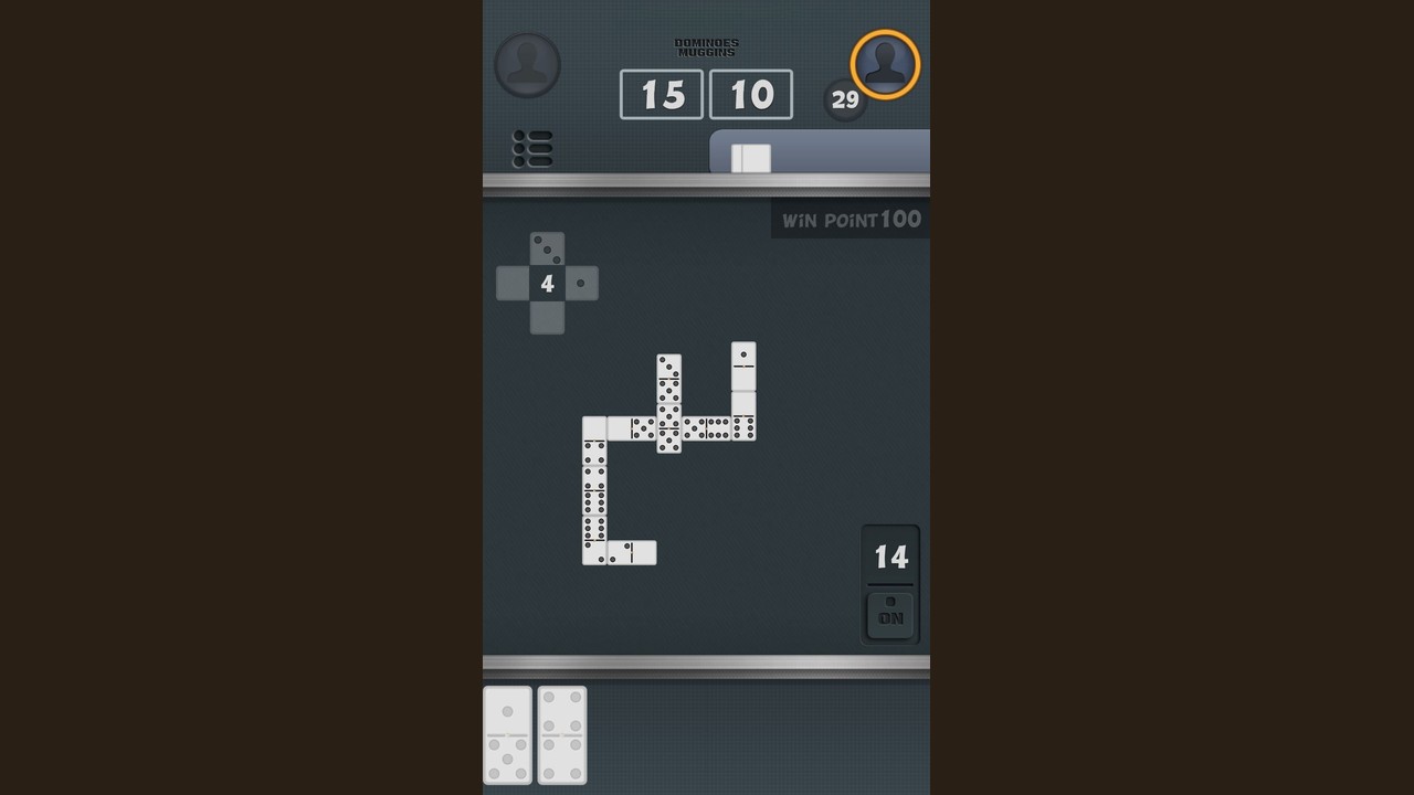 DR Dominoes board layout showing the domino chain, hand tray, and score HUD